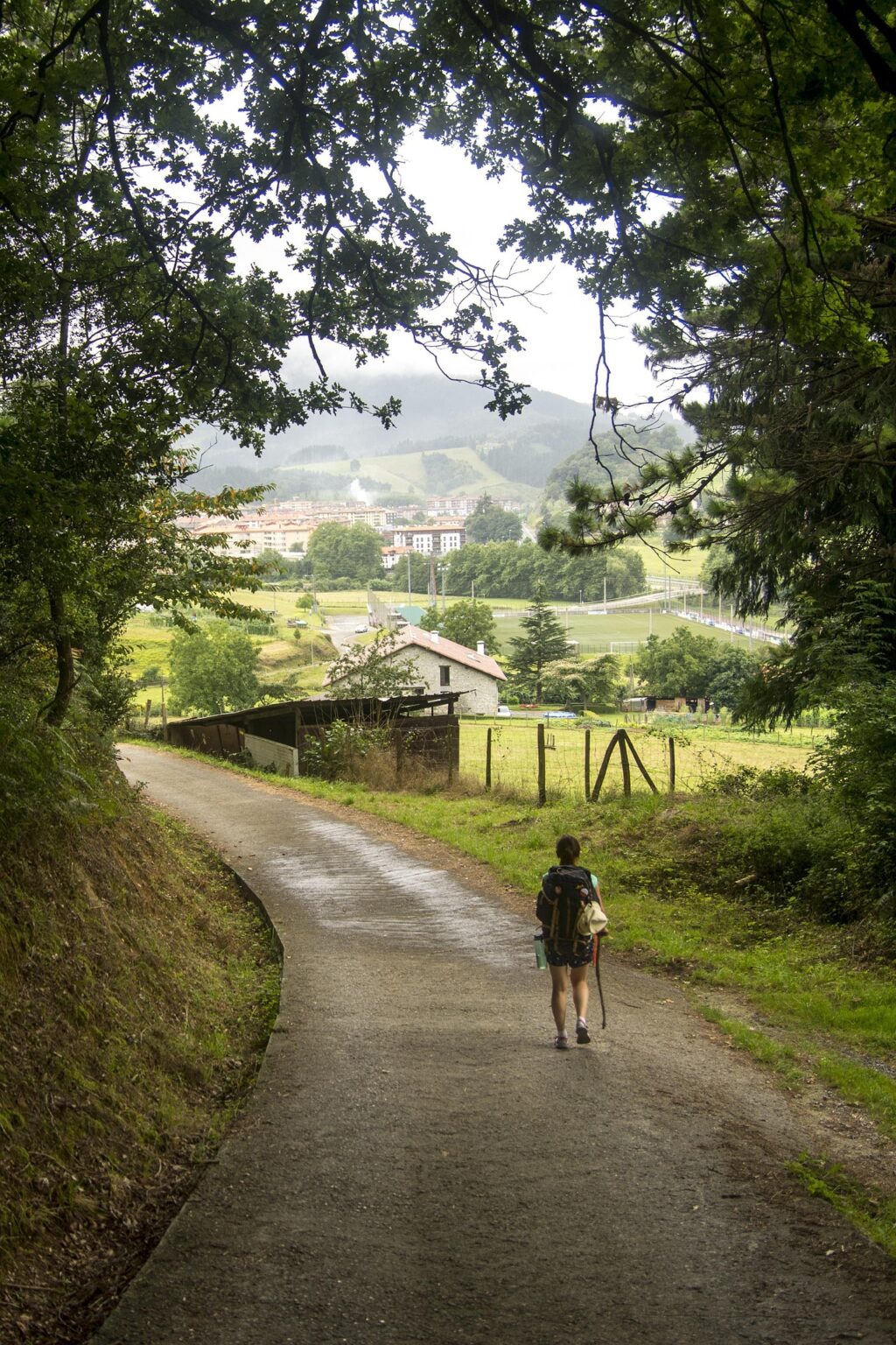 Ein Wanderer läuft einen Hügel hinab auf einem schmalen Weg, der in einen malerischen Ort führt. Die Landschaft ist grün und hügelig, und der Blick auf den Ort wird von der natürlichen Umgebung geprägt.