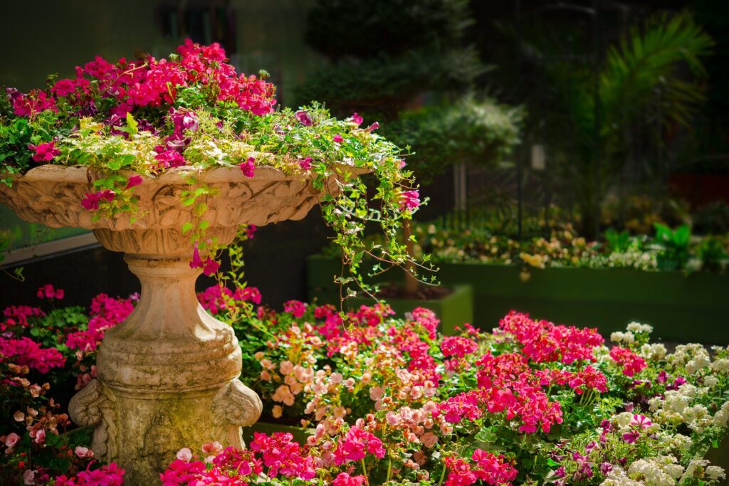 Schöne Blumen in einer barocken Pflanzschale, die kunstvoll verziert ist. Die Blumen sind in lebendigen Farben blühend und umgeben von dekorativen Details der Pflanzschale, die einen eleganten, historischen Charme versprüht.